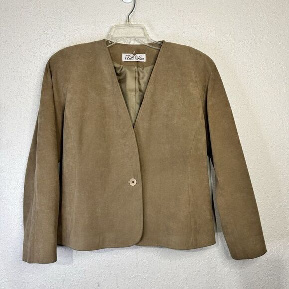 VTG Lilli Ann UltraSuede Jacket Coat Woman Tan Faux Fur‎ Collar 1 Button Union - Picture 14 of 14